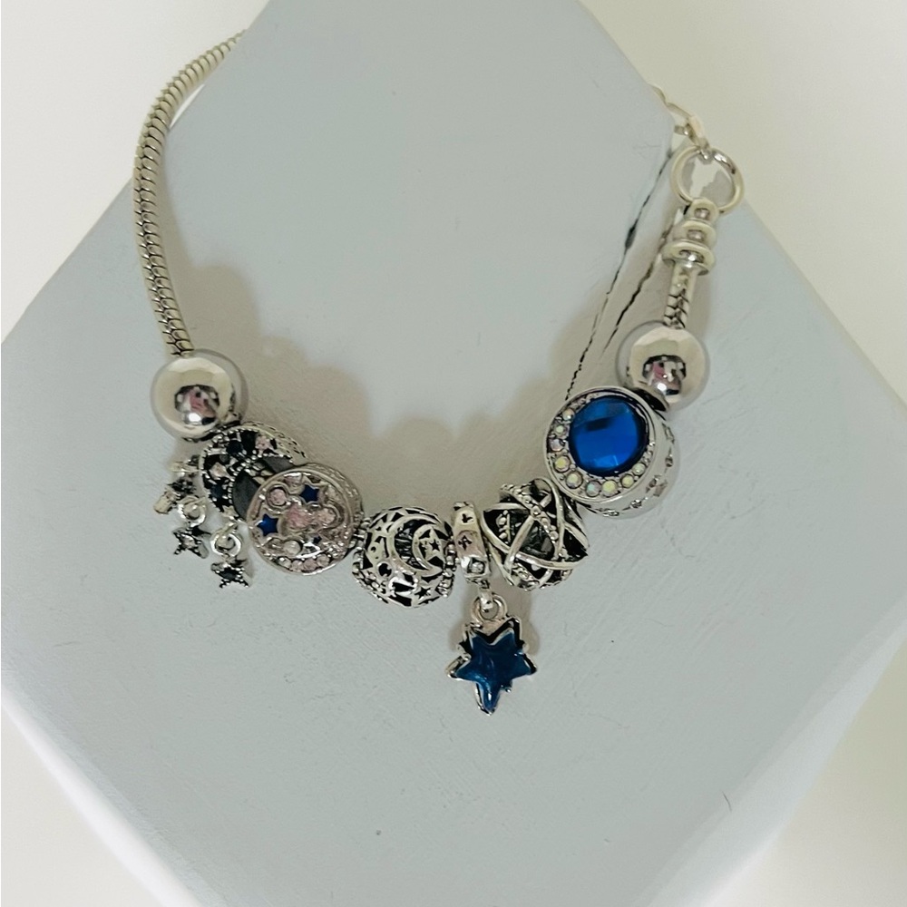 moon and star charm bracelet celestial blue silver jewelry - Picture 2 of 6